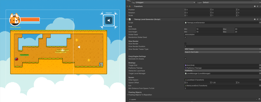 The TilemapLevelGenerator's inspector and an example of a generated level