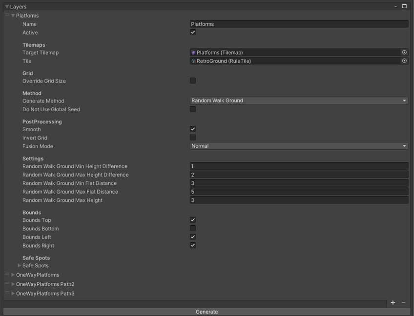The layers in the Corgi Engine's RetroProcedural demo scene